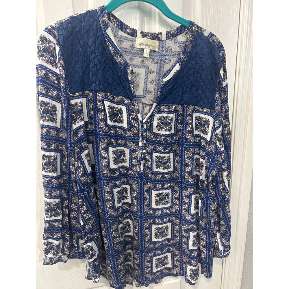 Porridge Anthropologie Blouse Blue White Geometric Tile Print Textured Yoke Top
